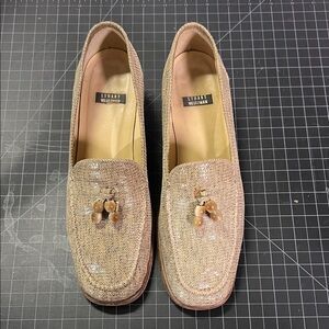 Stuart Weitzman Glittering Beige Loafers with Bead Embellishments